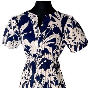 VIANOVA ITALY New Navy Blue Cream Floral Puffy Shoulder Midi Dress Cotton Small